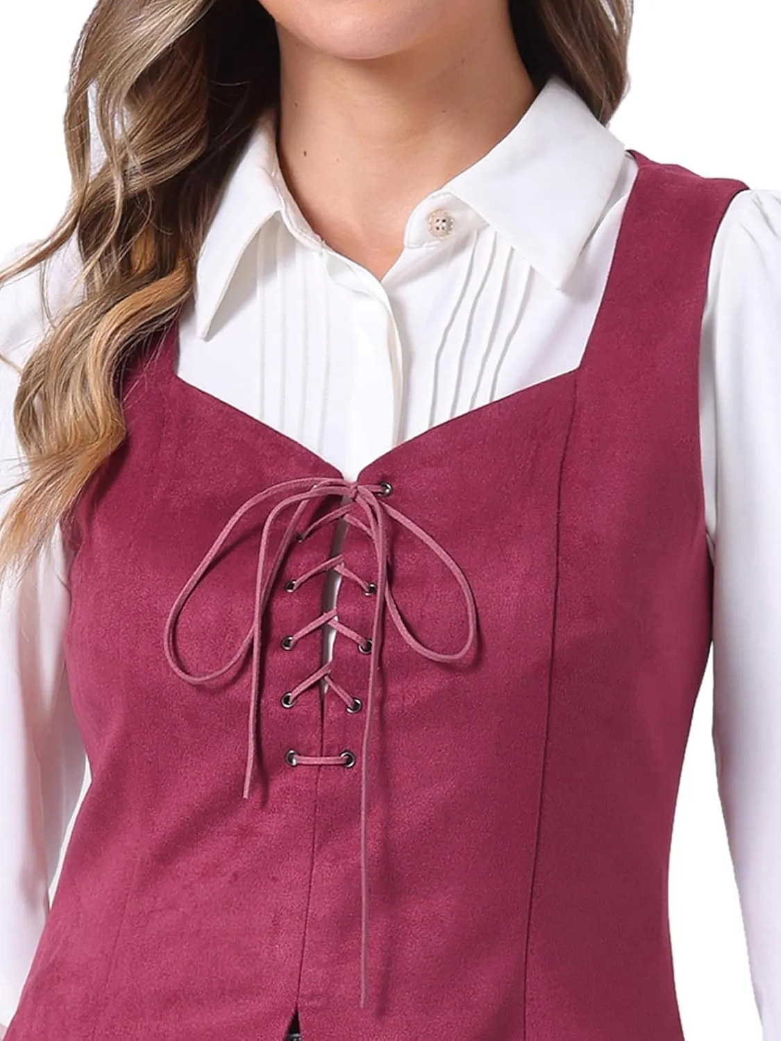 Allegra K Women's 2025 Vintage Faux Suede Vest Jacket Sweetheart Neck Sleeveless Lace Up Waistcoat Vest