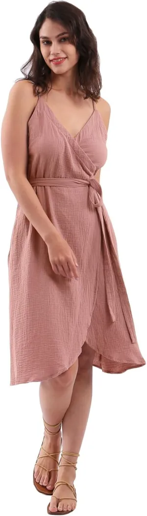Amazhiyu Womens Summer Spaghetti Strap Sleeveless Midi Wrap Dress with Pockets