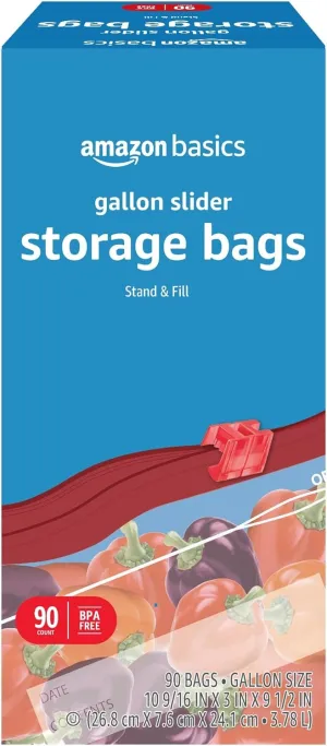 Amazon Basics Slider Gallon Food Storage Bags, Stand & Fill, 90 Count