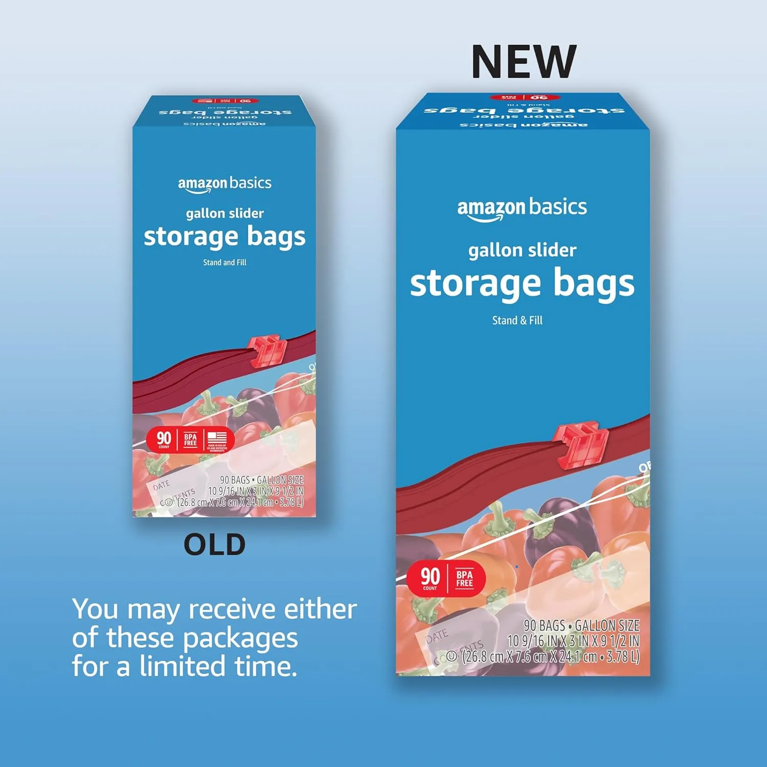 Amazon Basics Slider Gallon Food Storage Bags, Stand & Fill, 90 Count
