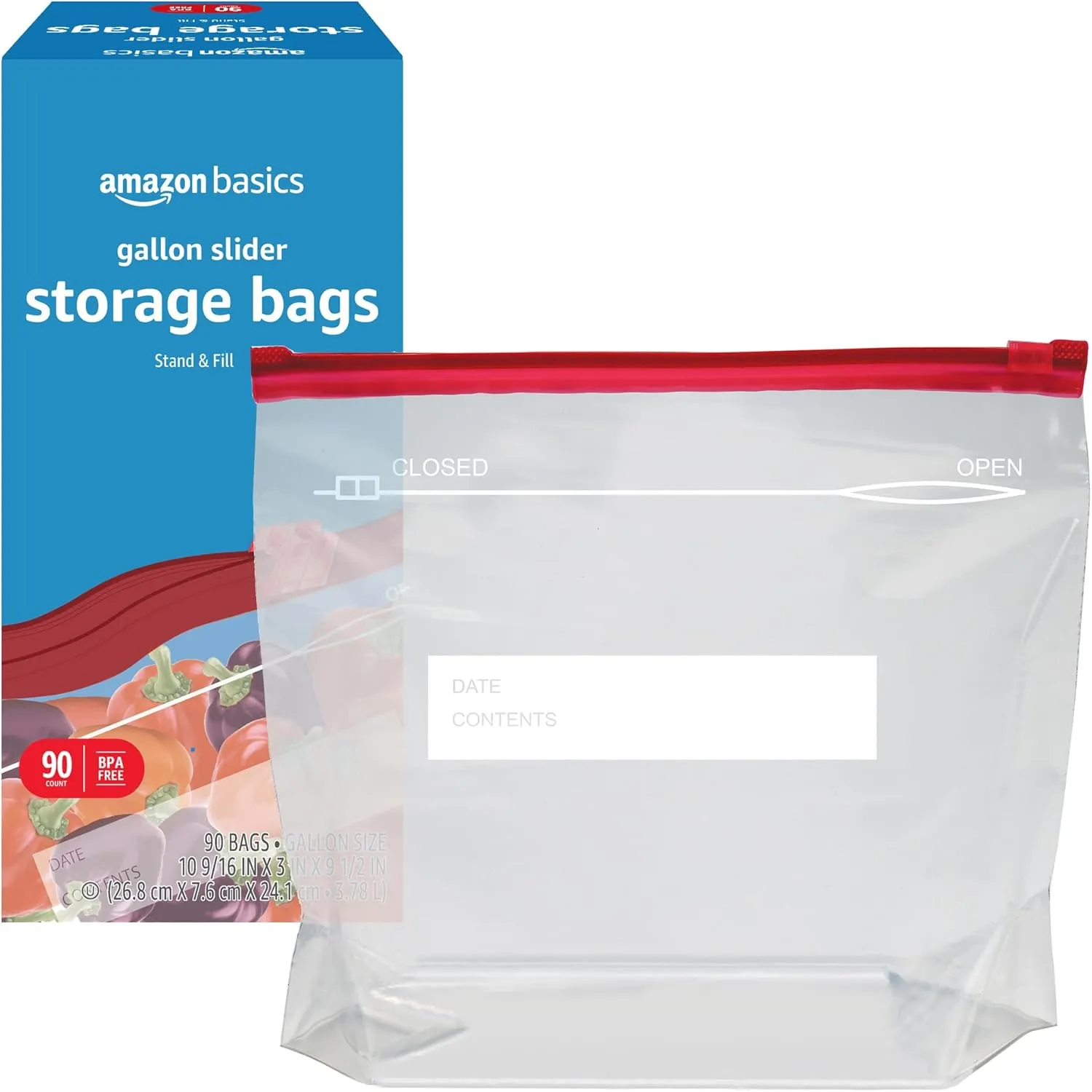 Amazon Basics Slider Gallon Food Storage Bags, Stand & Fill, 90 Count