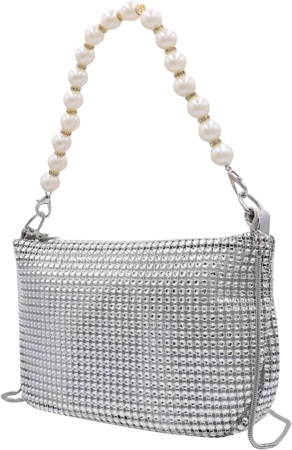 AMPOSSTO Trendy Rhinestones Crossbody Bag for Women Girls Shoulder Bag with Pearls Handheld Handbag