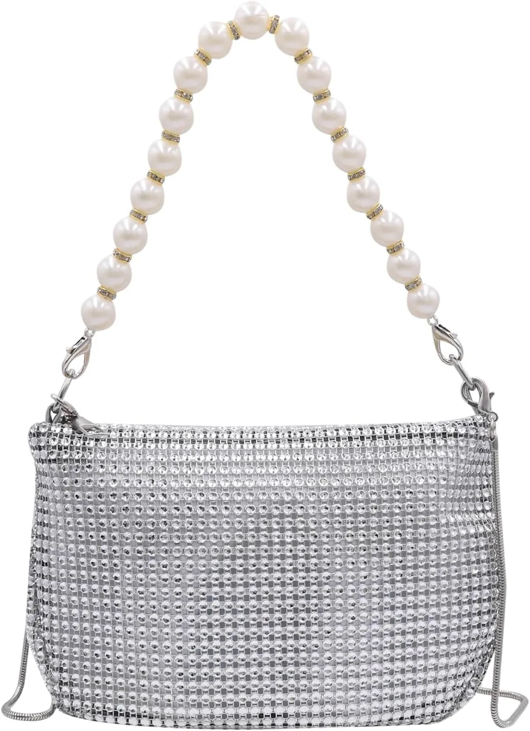 AMPOSSTO Trendy Rhinestones Crossbody Bag for Women Girls Shoulder Bag with Pearls Handheld Handbag