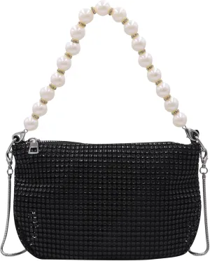 AMPOSSTO Trendy Rhinestones Crossbody Bag for Women Girls Shoulder Bag with Pearls Handheld Handbag