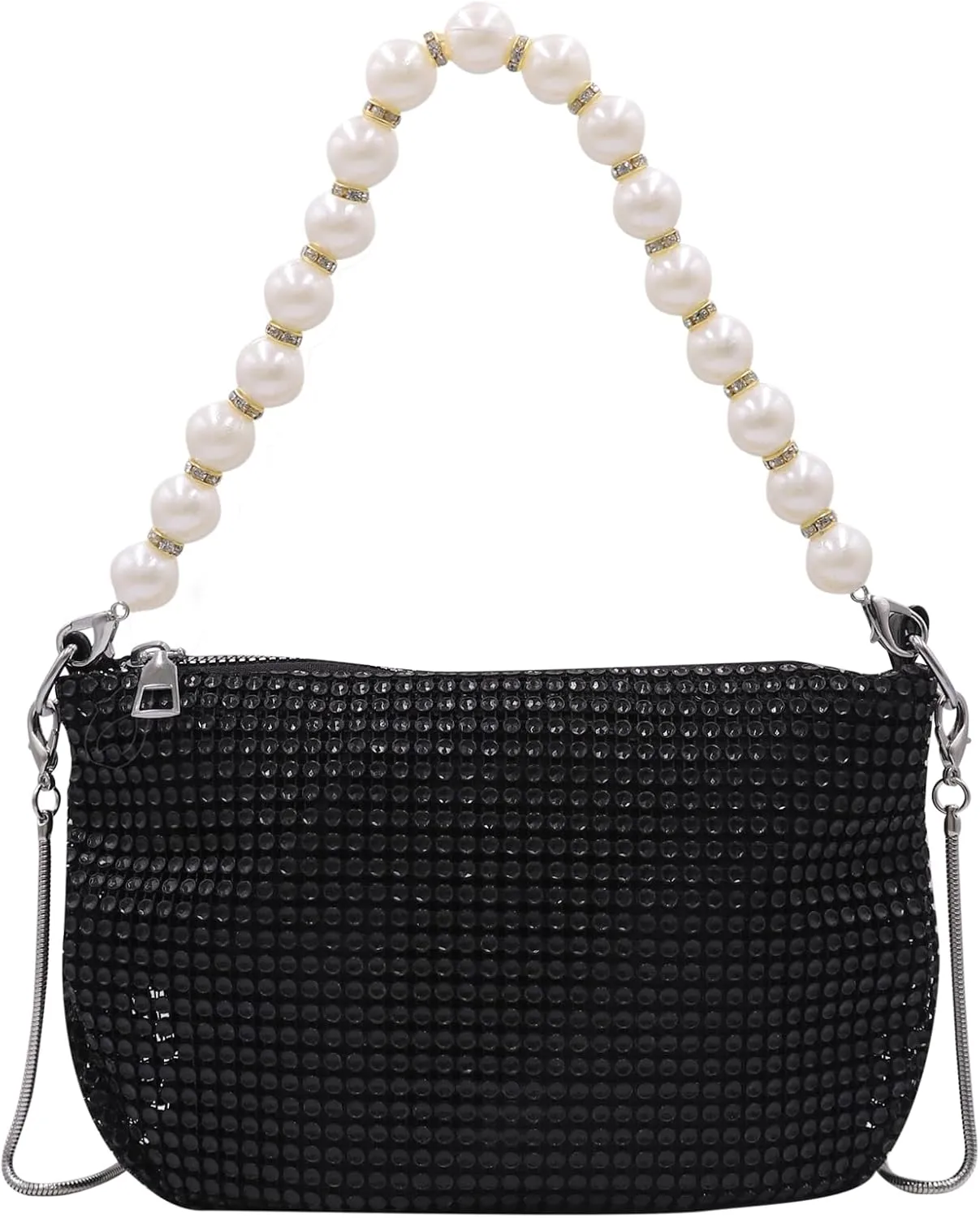 AMPOSSTO Trendy Rhinestones Crossbody Bag for Women Girls Shoulder Bag with Pearls Handheld Handbag