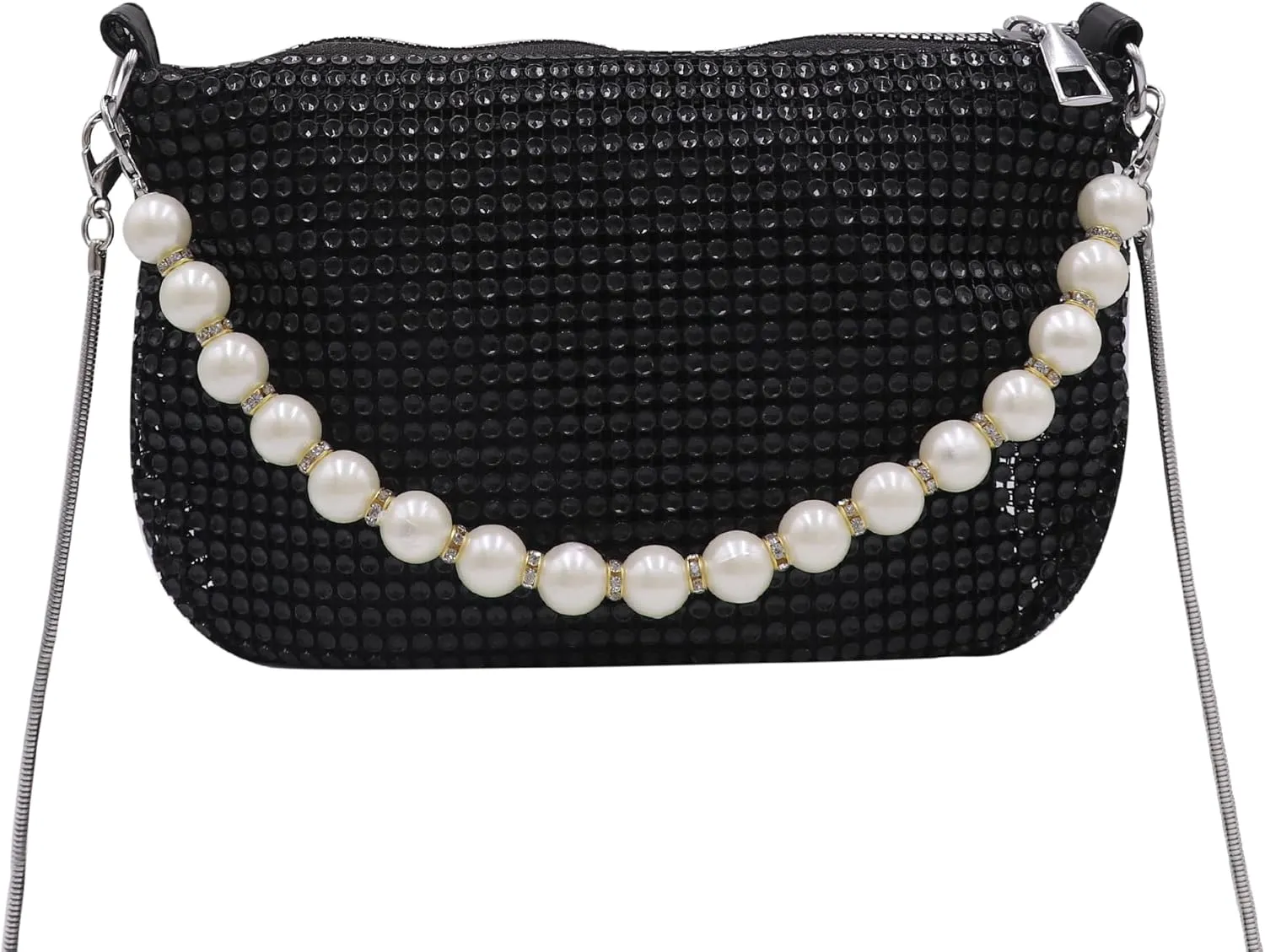 AMPOSSTO Trendy Rhinestones Crossbody Bag for Women Girls Shoulder Bag with Pearls Handheld Handbag