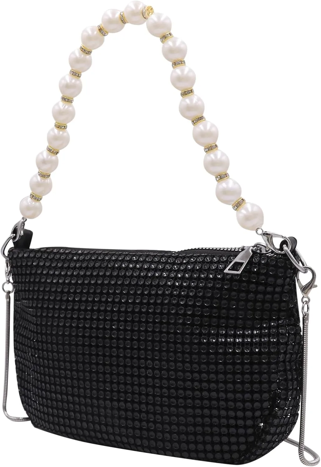 AMPOSSTO Trendy Rhinestones Crossbody Bag for Women Girls Shoulder Bag with Pearls Handheld Handbag