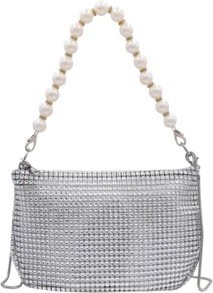 AMPOSSTO Trendy Rhinestones Crossbody Bag for Women Girls Shoulder Bag with Pearls Handheld Handbag