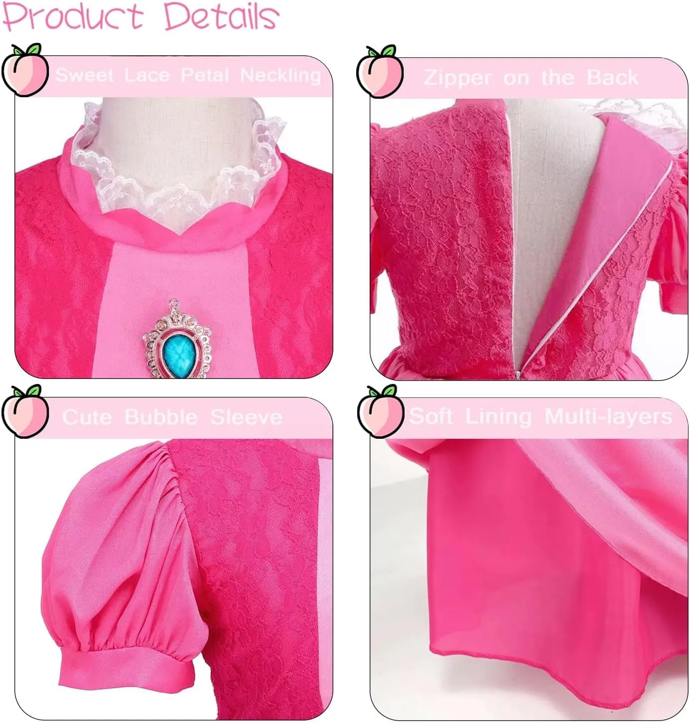 AmzMach Princess Peach Costume for Girls Classic Pink Dress Cosplay Halloween Party Dress Up Kids Birthday Outfit 3-12 Years