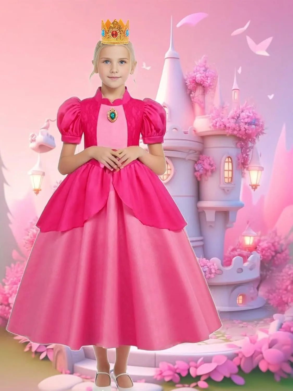 AmzMach Princess Peach Costume for Girls Classic Pink Dress Cosplay Halloween Party Dress Up Kids Birthday Outfit 3-12 Years