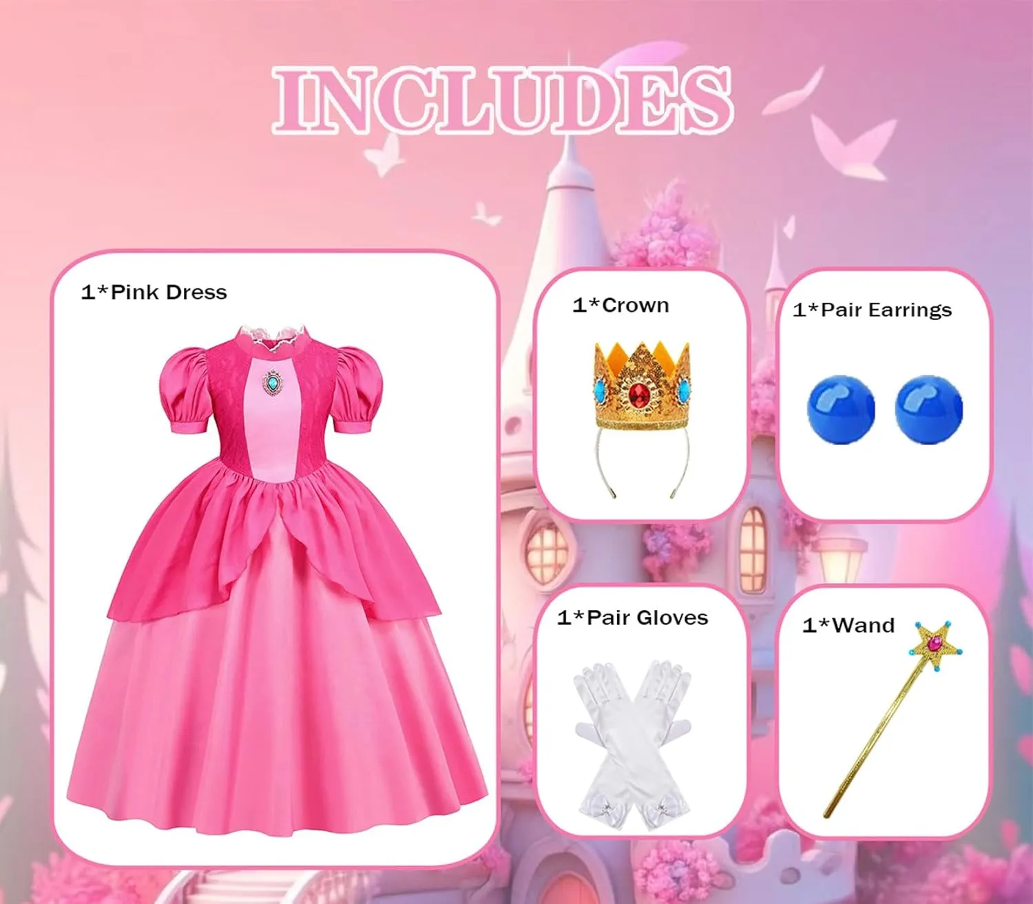 AmzMach Princess Peach Costume for Girls Classic Pink Dress Cosplay Halloween Party Dress Up Kids Birthday Outfit 3-12 Years
