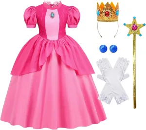 AmzMach Princess Peach Costume for Girls Classic Pink Dress Cosplay Halloween Party Dress Up Kids Birthday Outfit 3-12 Years