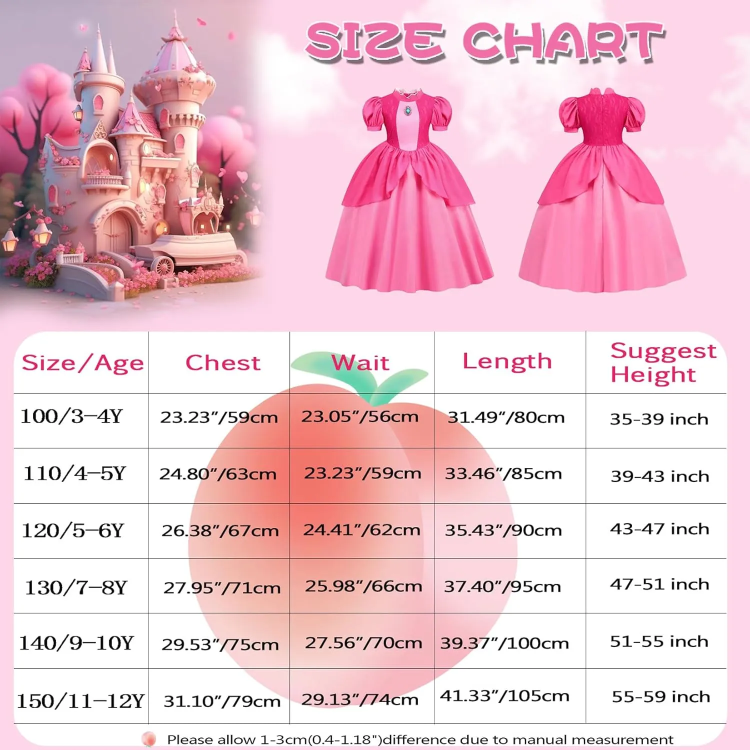 AmzMach Princess Peach Costume for Girls Classic Pink Dress Cosplay Halloween Party Dress Up Kids Birthday Outfit 3-12 Years