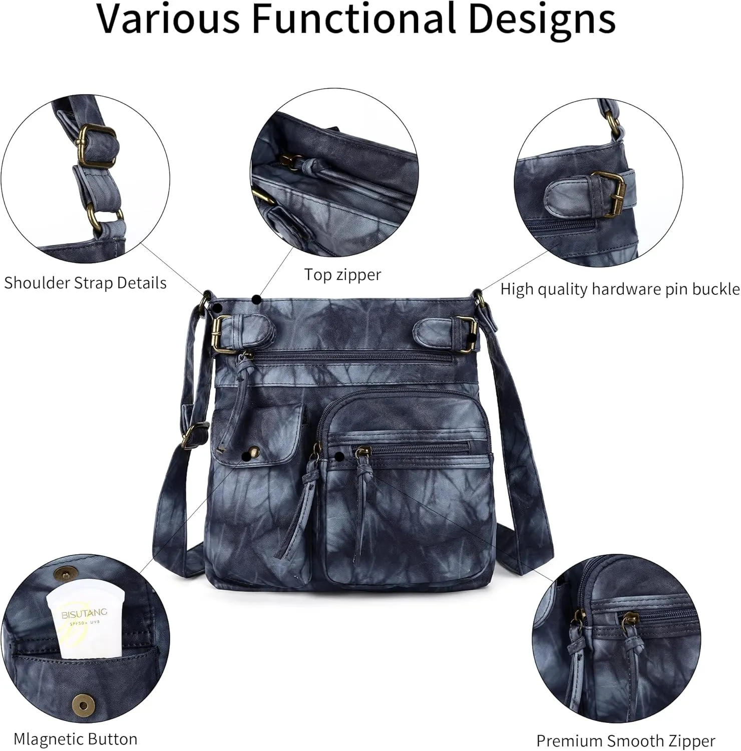 Angel Kiss Crossbody Bags for Women Washed Leather Shoulder Bags Multi Pocket Soft Hobo Purses and Medium Handbags
