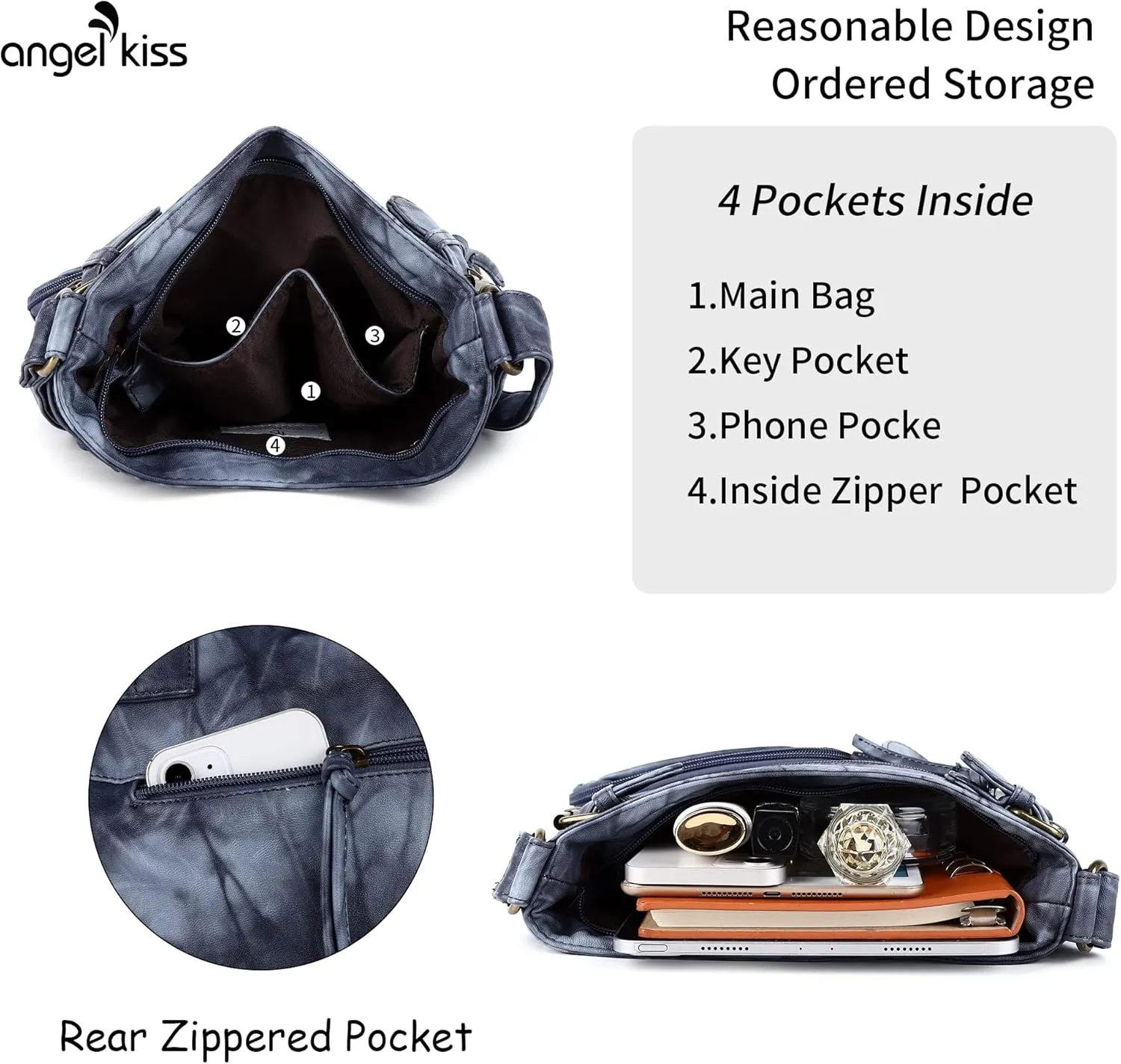 Angel Kiss Crossbody Bags for Women Washed Leather Shoulder Bags Multi Pocket Soft Hobo Purses and Medium Handbags