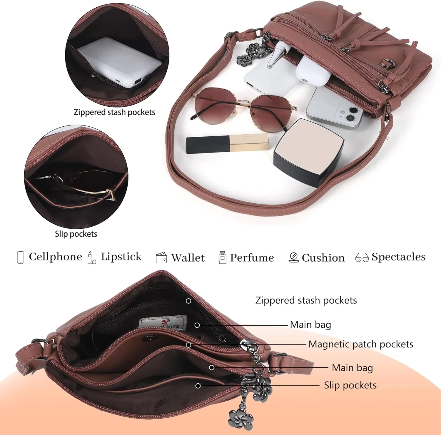 Angel Kiss Small Crossbody Bag for Women Leather Crossbody Purse Triple Compartments Cell Phone Purse Shoulder Bags for Women