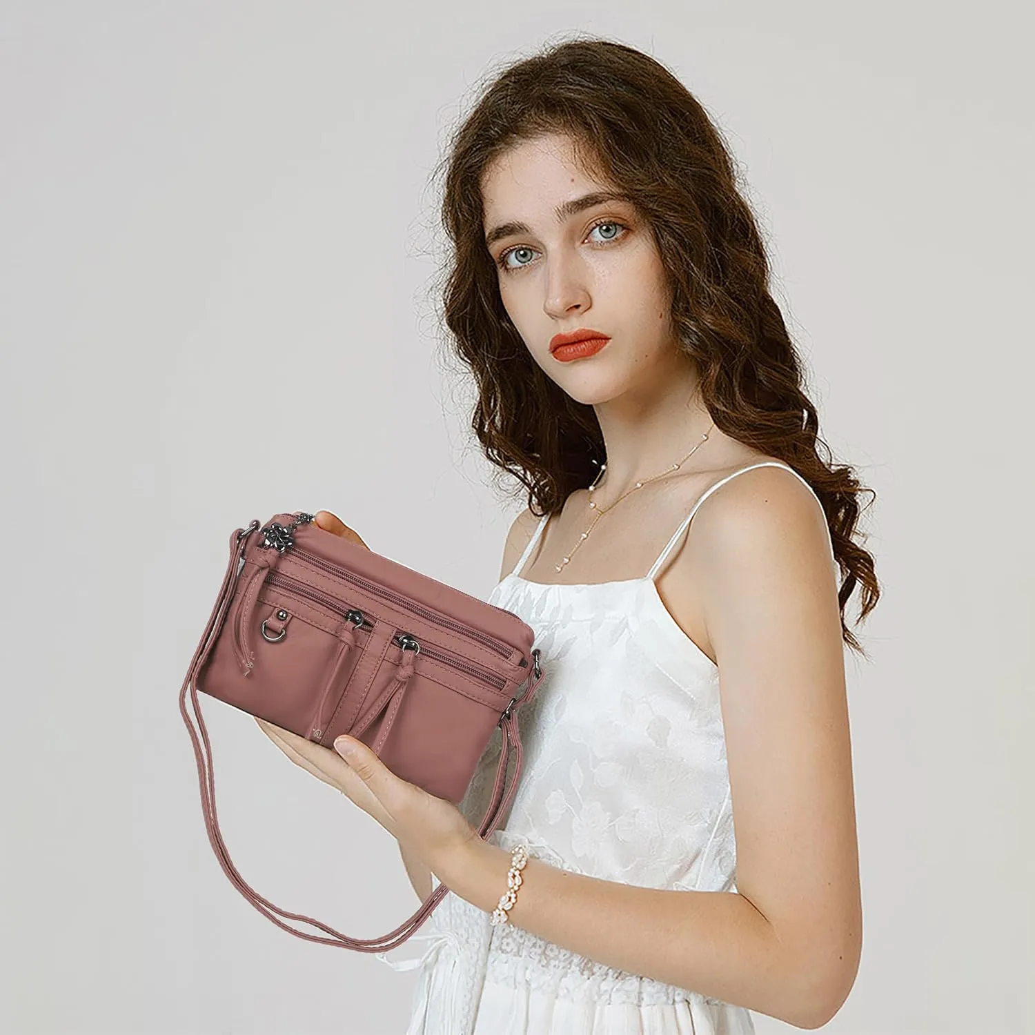 Angel Kiss Small Crossbody Bag for Women Leather Crossbody Purse Triple Compartments Cell Phone Purse Shoulder Bags for Women