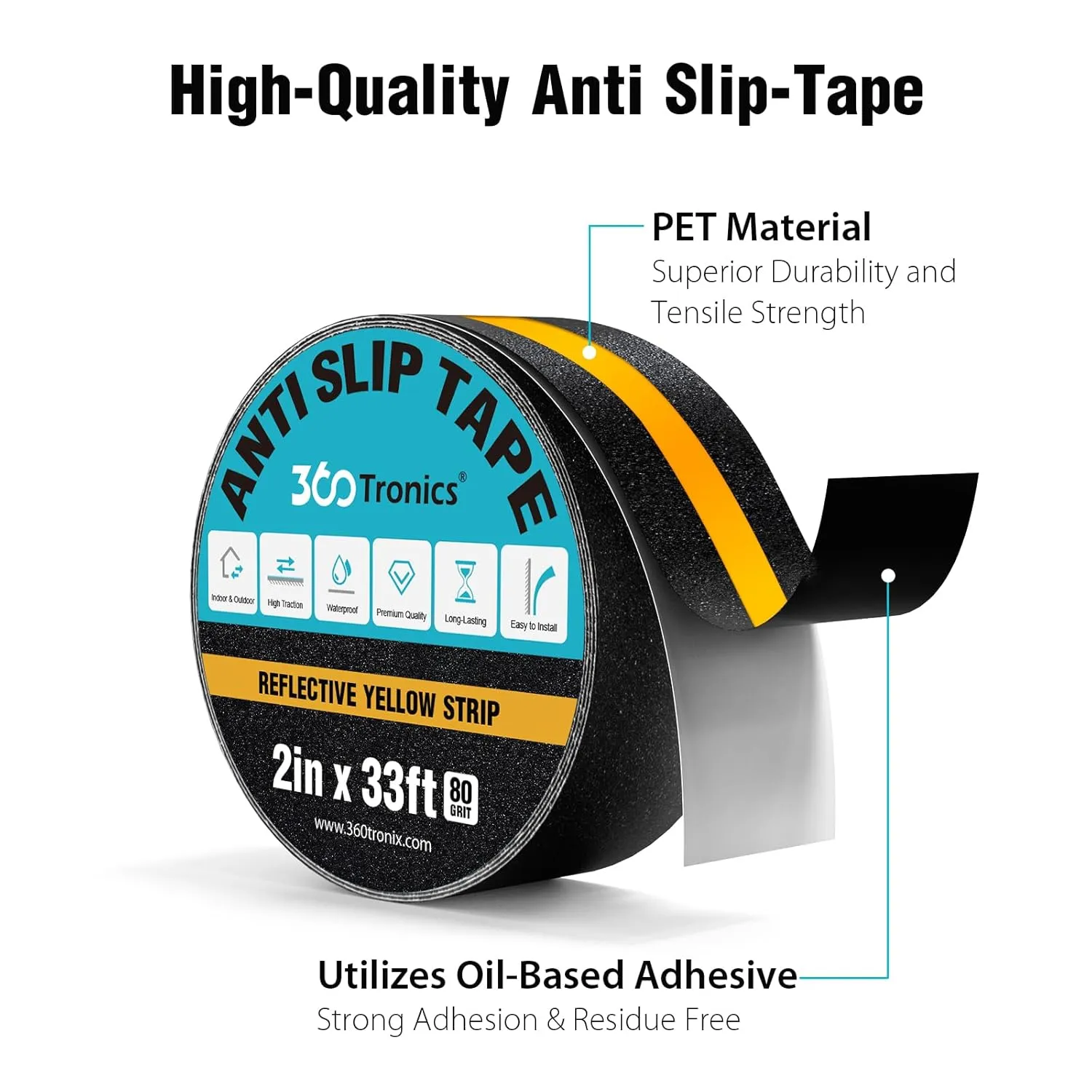 Anti Slip Tape with Yellow Reflective Strips, 2in x 33ft Heavy Duty Non-Skid Traction Grip Tape Waterproof for Outdoor Stair Treads, Steps, Ramps, Slopes, Boats, Decks