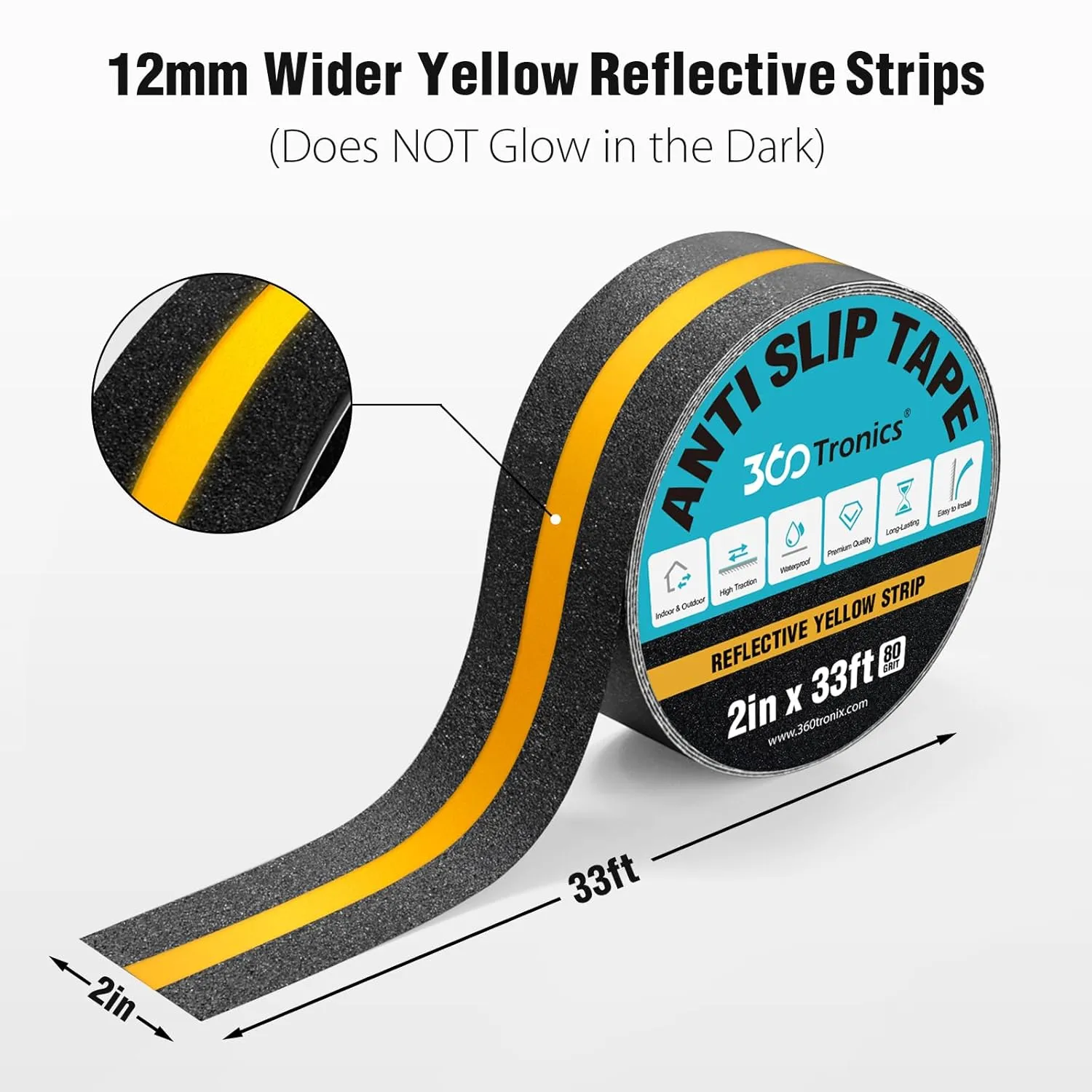 Anti Slip Tape with Yellow Reflective Strips, 2in x 33ft Heavy Duty Non-Skid Traction Grip Tape Waterproof for Outdoor Stair Treads, Steps, Ramps, Slopes, Boats, Decks