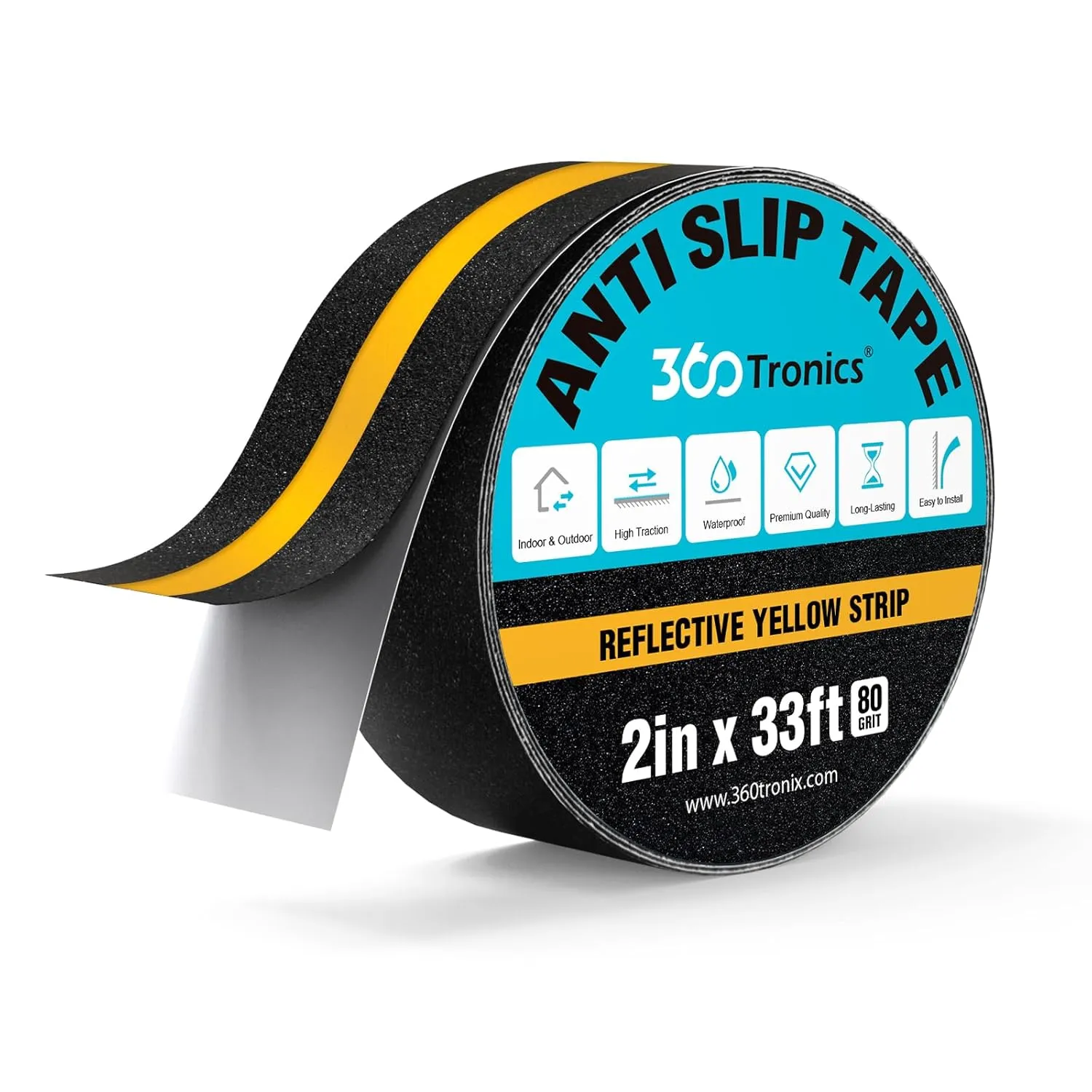 Anti Slip Tape with Yellow Reflective Strips, 2in x 33ft Heavy Duty Non-Skid Traction Grip Tape Waterproof for Outdoor Stair Treads, Steps, Ramps, Slopes, Boats, Decks