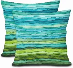 aportt Teal Blue Green Pillow Covers 18X18 Inch Watercolor Aqua Waves Brush Pillow Cases Abstract Striped Sea Splash Throw Pillows Set of 2 Home Decor for Living Room Bedroom Couch Bed Sofa Outdoor