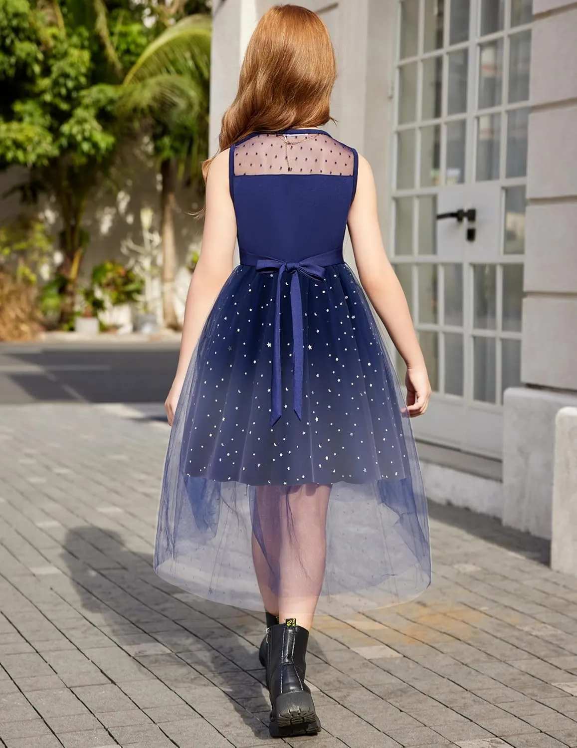 Arshiner Girls Dresses Formal Party Wedding Tulle Sleeveless Contrast Mesh High Low Dress with Belt