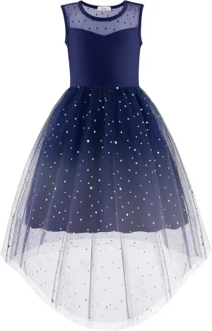 Arshiner Girls Dresses Formal Party Wedding Tulle Sleeveless Contrast Mesh High Low Dress with Belt