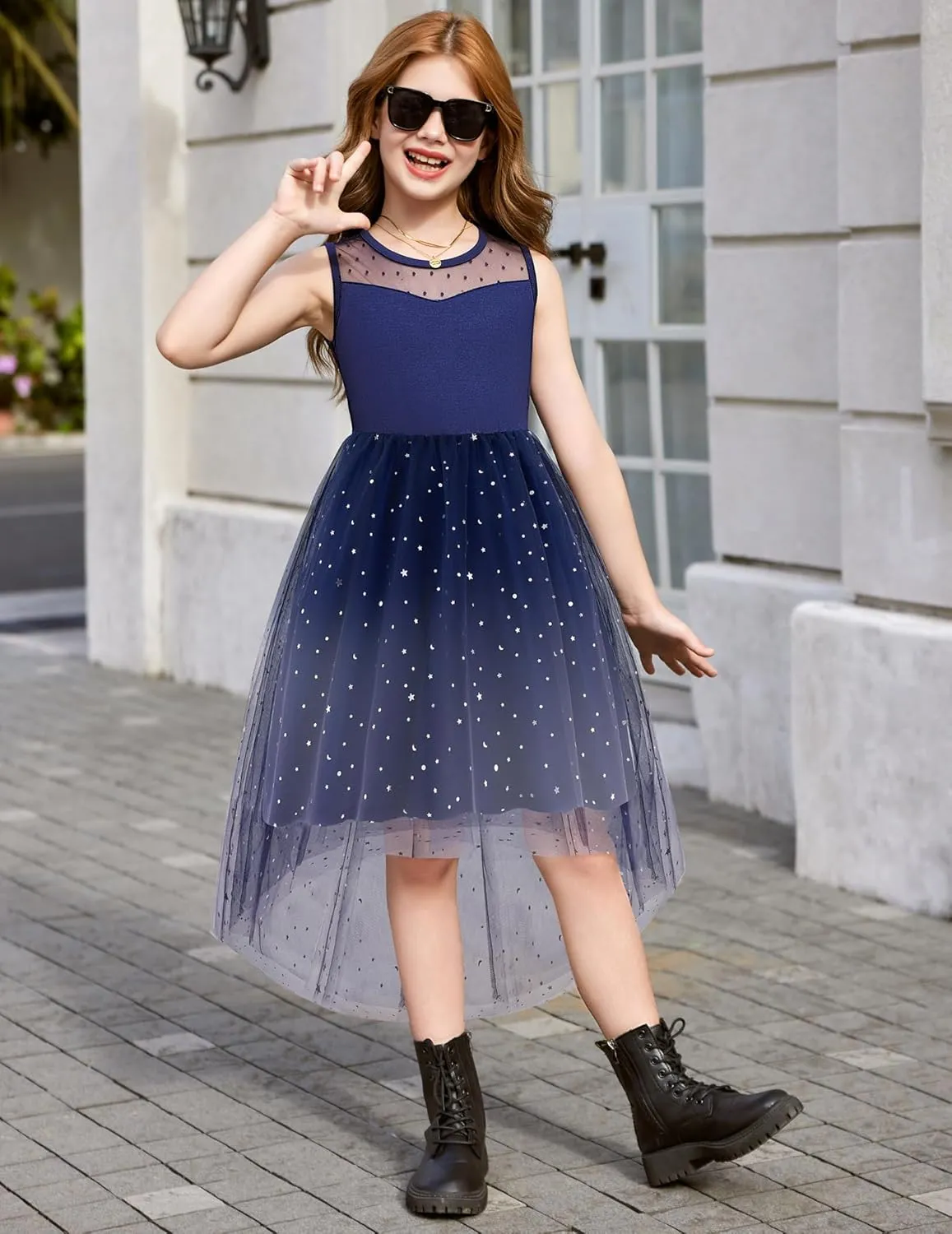 Arshiner Girls Dresses Formal Party Wedding Tulle Sleeveless Contrast Mesh High Low Dress with Belt