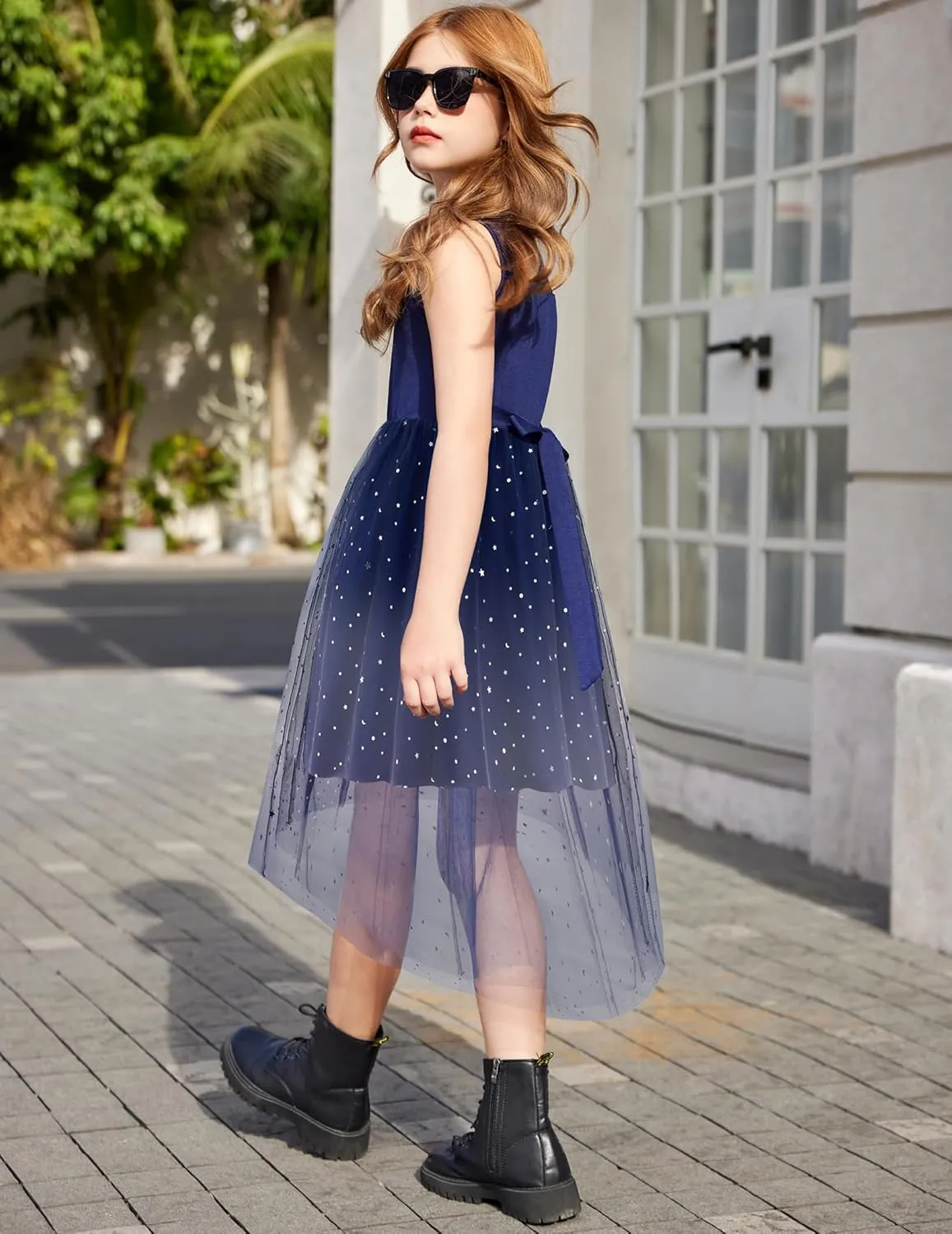 Arshiner Girls Dresses Formal Party Wedding Tulle Sleeveless Contrast Mesh High Low Dress with Belt