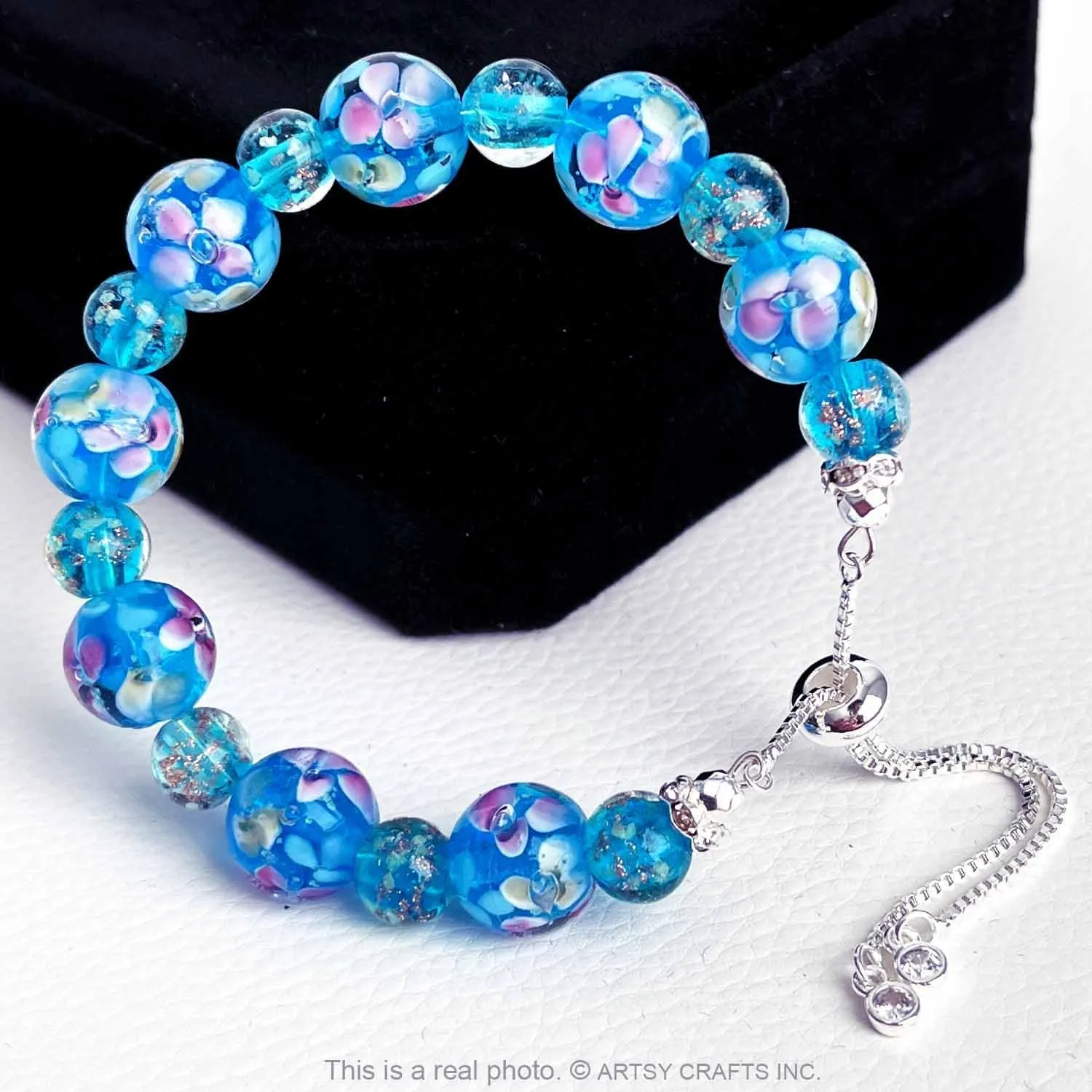 ARTSY Crafts Lily Garden Glow in the Dark Firefly Bead Bracelets Necklaces, Handmade in USA Murano Glass Jewelry, Flower Luminous Beads Mermaid Crystal Bracelet Bangle