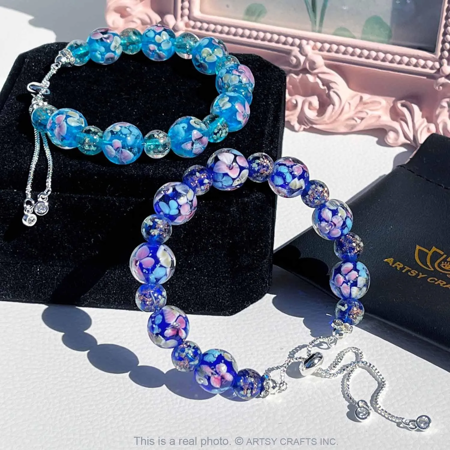 ARTSY Crafts Lily Garden Glow in the Dark Firefly Bead Bracelets Necklaces, Handmade in USA Murano Glass Jewelry, Flower Luminous Beads Mermaid Crystal Bracelet Bangle