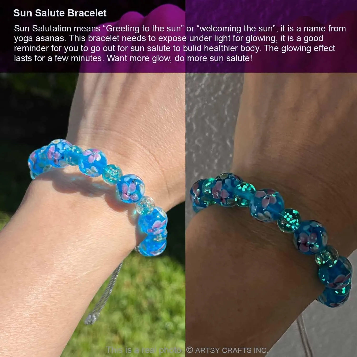 ARTSY Crafts Lily Garden Glow in the Dark Firefly Bead Bracelets Necklaces, Handmade in USA Murano Glass Jewelry, Flower Luminous Beads Mermaid Crystal Bracelet Bangle