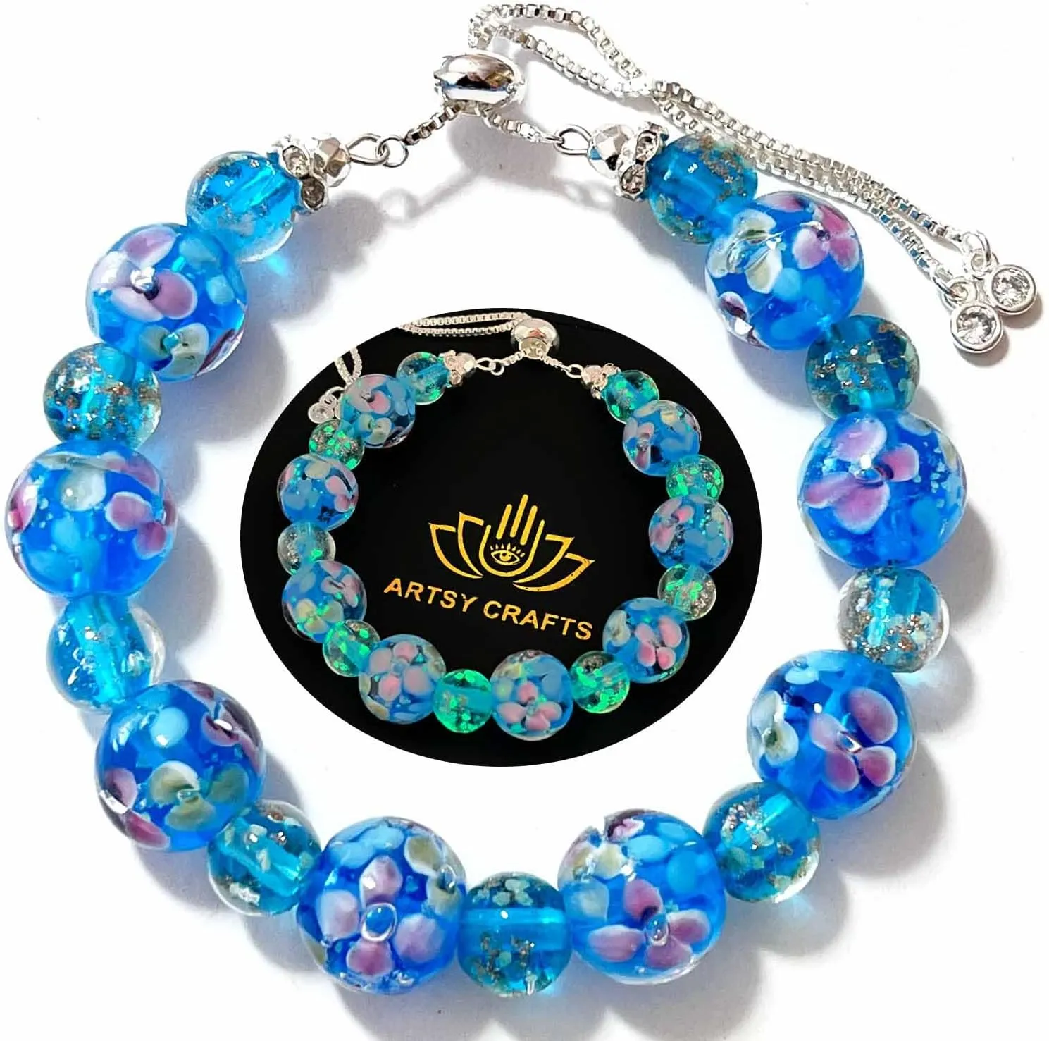 ARTSY Crafts Lily Garden Glow in the Dark Firefly Bead Bracelets Necklaces, Handmade in USA Murano Glass Jewelry, Flower Luminous Beads Mermaid Crystal Bracelet Bangle