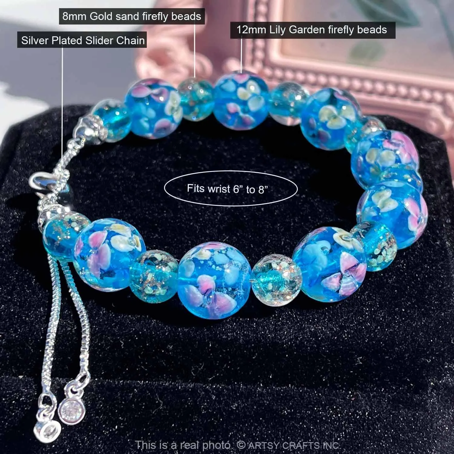 ARTSY Crafts Lily Garden Glow in the Dark Firefly Bead Bracelets Necklaces, Handmade in USA Murano Glass Jewelry, Flower Luminous Beads Mermaid Crystal Bracelet Bangle