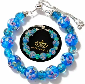 ARTSY Crafts Lily Garden Glow in the Dark Firefly Bead Bracelets Necklaces, Handmade in USA Murano Glass Jewelry, Flower Luminous Beads Mermaid Crystal Bracelet Bangle