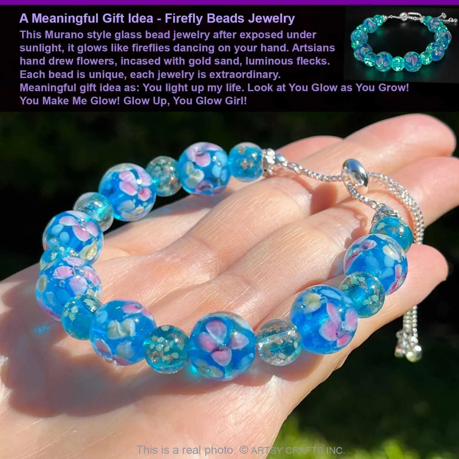 ARTSY Crafts Lily Garden Glow in the Dark Firefly Bead Bracelets Necklaces, Handmade in USA Murano Glass Jewelry, Flower Luminous Beads Mermaid Crystal Bracelet Bangle