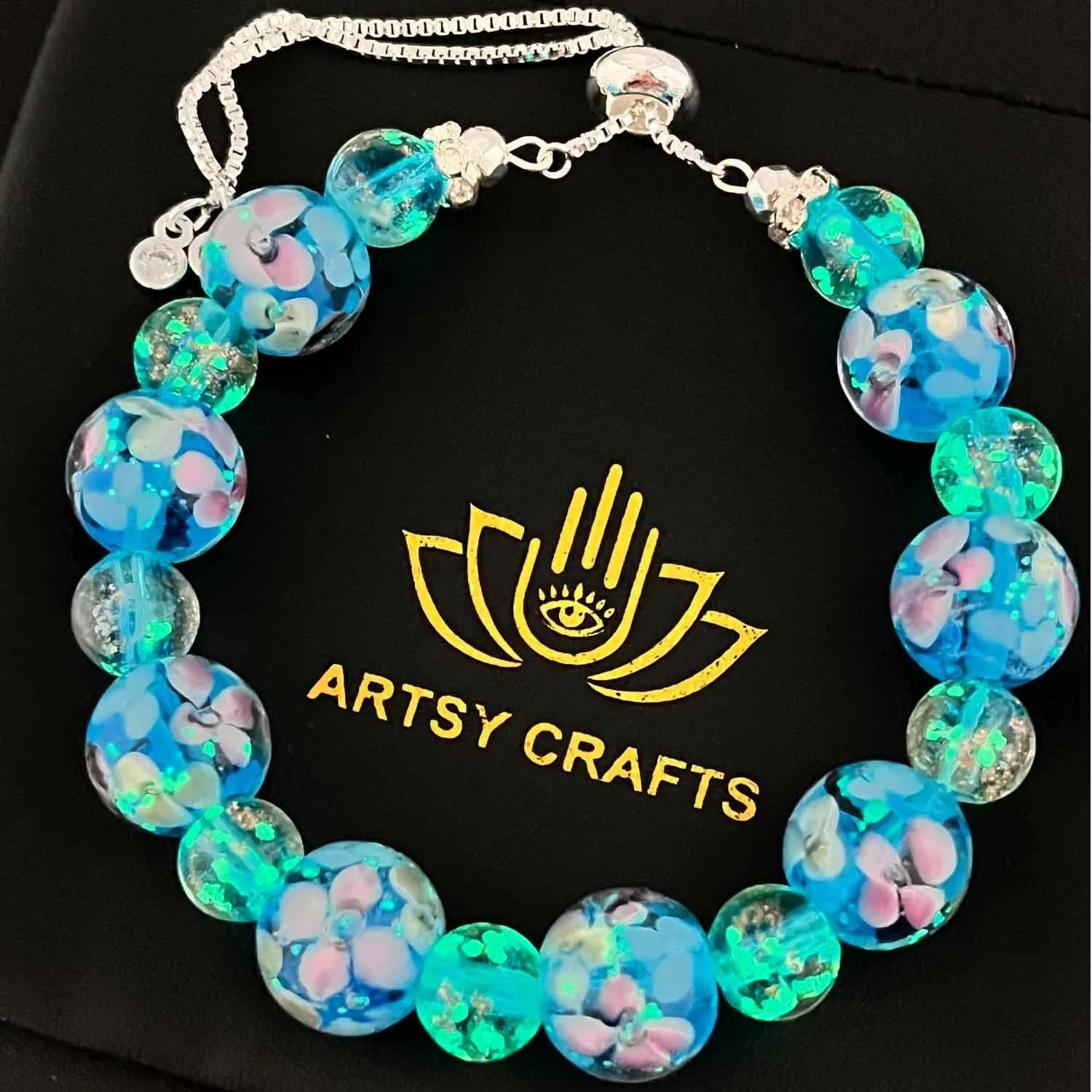 ARTSY Crafts Lily Garden Glow in the Dark Firefly Bead Bracelets Necklaces, Handmade in USA Murano Glass Jewelry, Flower Luminous Beads Mermaid Crystal Bracelet Bangle