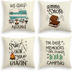 AVOIN colorlife Camper Trailer Campfire Throw Pillow Covers, 18 x 18 Inch Gimme S'More Tree Pillows Cushion Case for Sofa Couch Set of 4