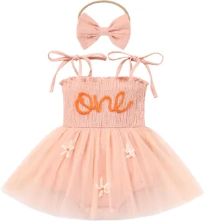 AWIBMK Baby Girls 1st Birthday Outfit Spaghetti Straps Romper Dress with Headband Sleeveless Princess Cake Smash Clothes