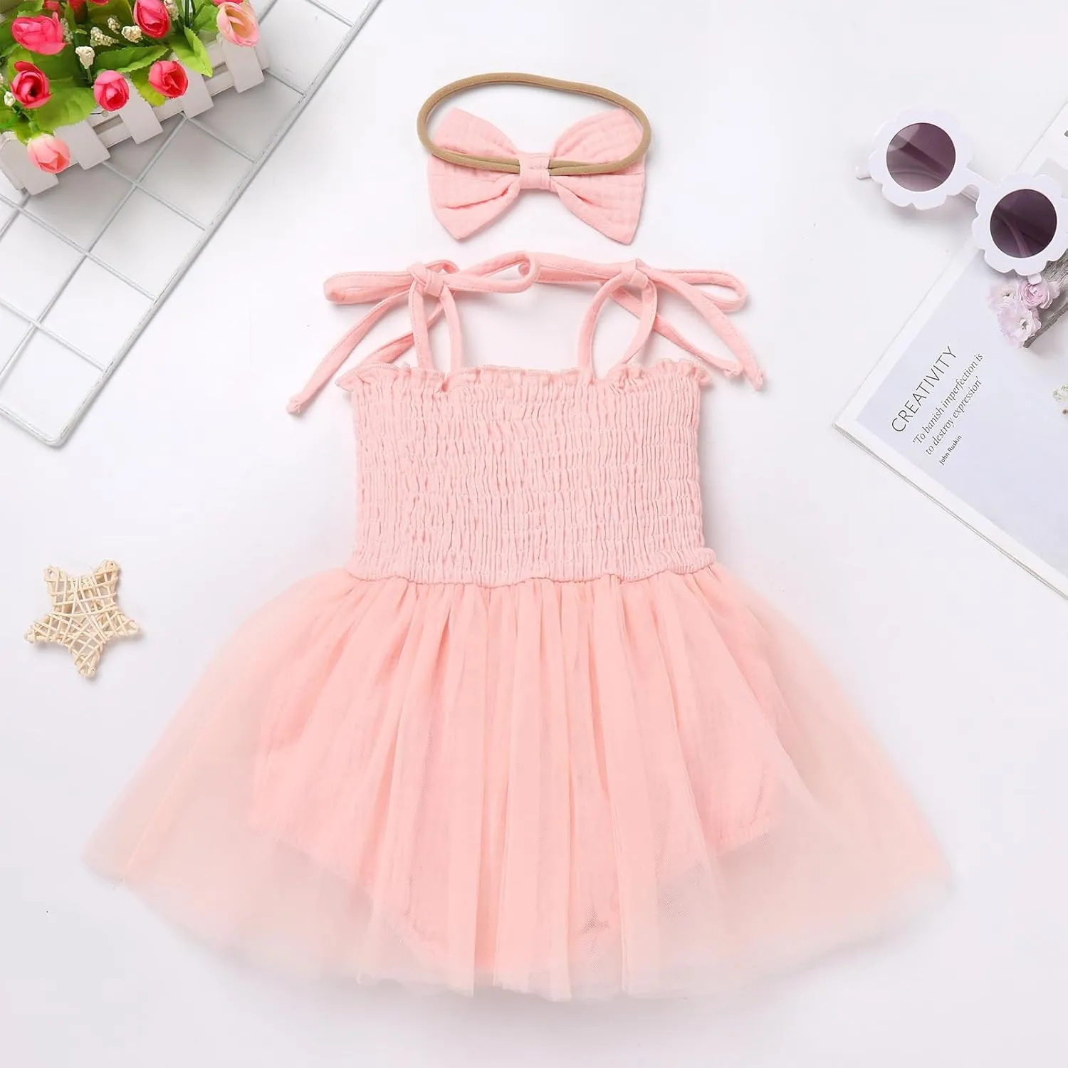 AWIBMK Baby Girls 1st Birthday Outfit Spaghetti Straps Romper Dress with Headband Sleeveless Princess Cake Smash Clothes