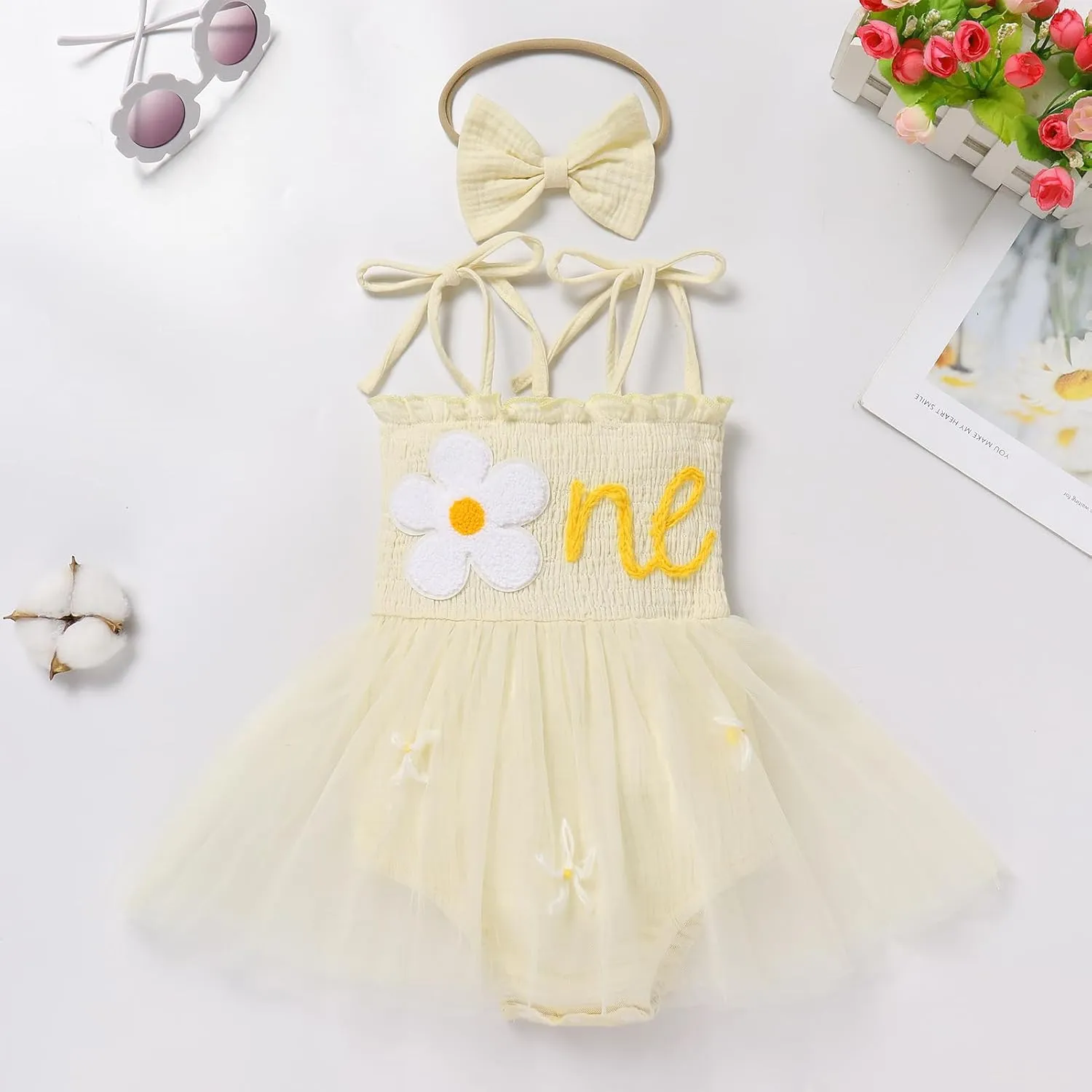 AWIBMK Baby Girls 1st Birthday Outfit Spaghetti Straps Romper Dress with Headband Sleeveless Princess Cake Smash Clothes