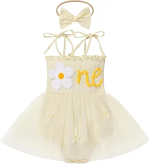 AWIBMK Baby Girls 1st Birthday Outfit Spaghetti Straps Romper Dress with Headband Sleeveless Princess Cake Smash Clothes