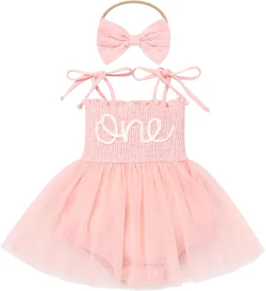 AWIBMK Baby Girls 1st Birthday Outfit Spaghetti Straps Romper Dress with Headband Sleeveless Princess Cake Smash Clothes