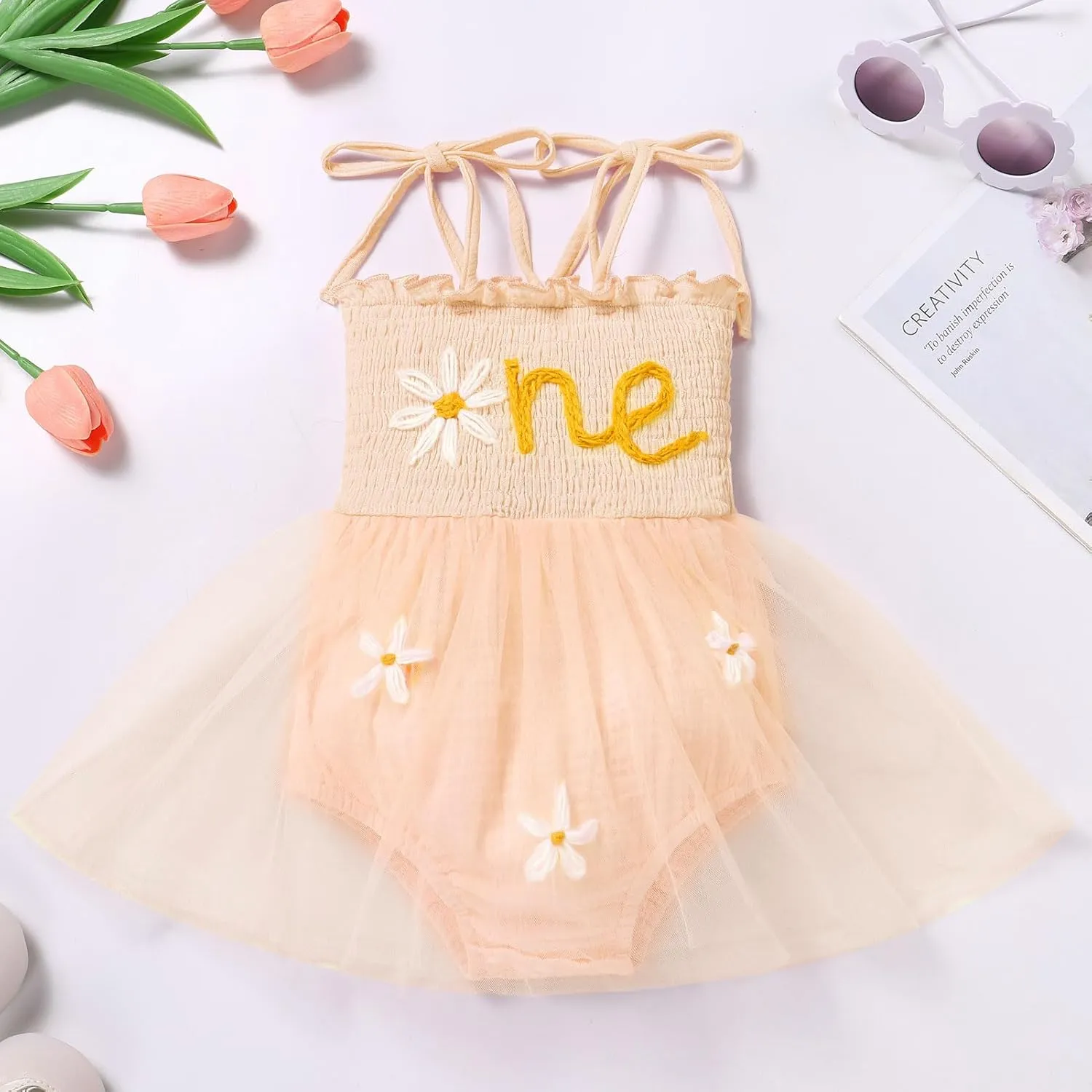 AWIBMK Baby Girls 1st Birthday Outfit Spaghetti Straps Romper Dress with Headband Sleeveless Princess Cake Smash Clothes