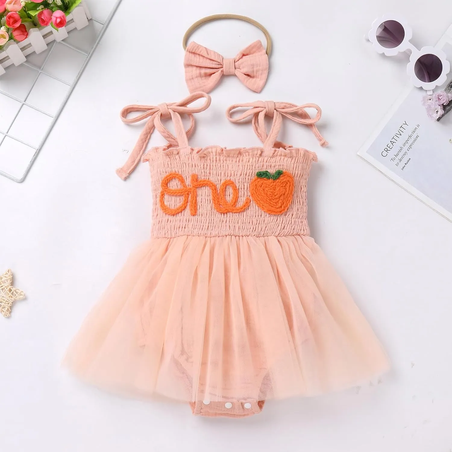 AWIBMK Baby Girls 1st Birthday Outfit Spaghetti Straps Romper Dress with Headband Sleeveless Princess Cake Smash Clothes