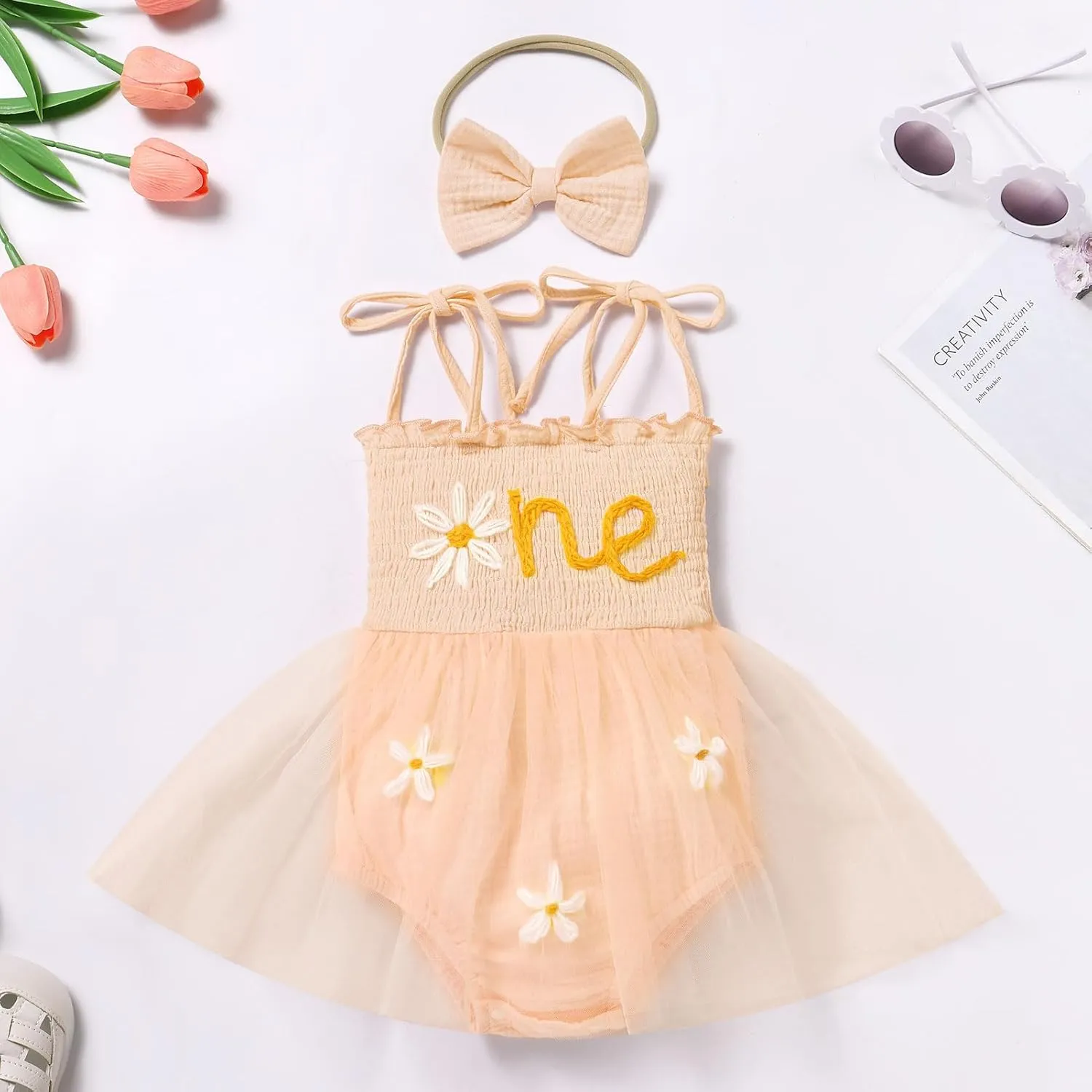 AWIBMK Baby Girls 1st Birthday Outfit Spaghetti Straps Romper Dress with Headband Sleeveless Princess Cake Smash Clothes