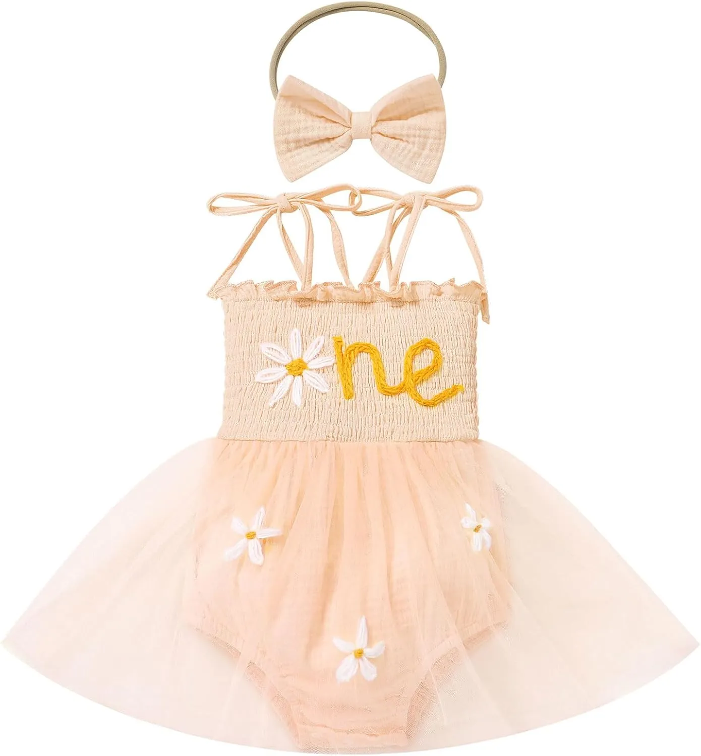 AWIBMK Baby Girls 1st Birthday Outfit Spaghetti Straps Romper Dress with Headband Sleeveless Princess Cake Smash Clothes