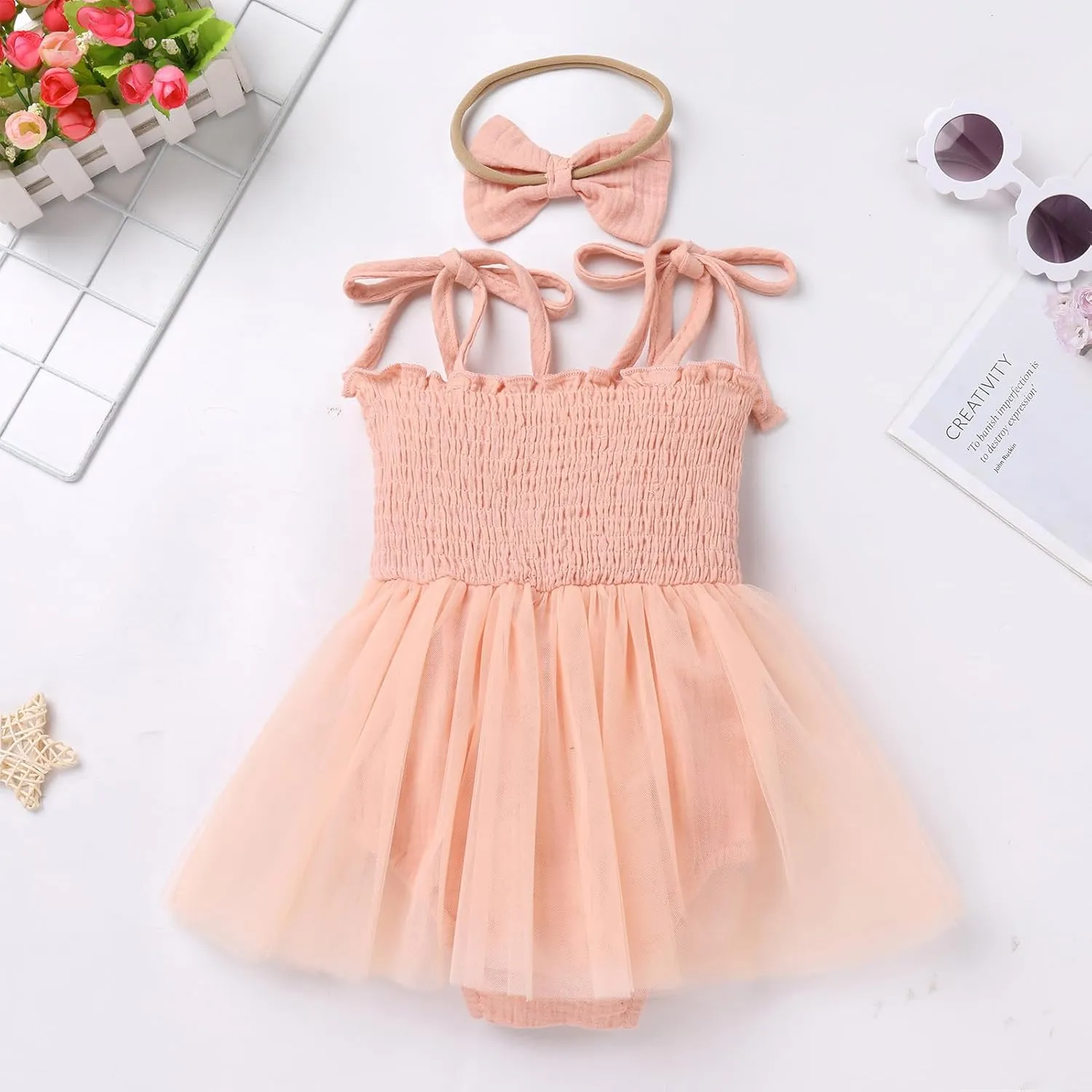 AWIBMK Baby Girls 1st Birthday Outfit Spaghetti Straps Romper Dress with Headband Sleeveless Princess Cake Smash Clothes