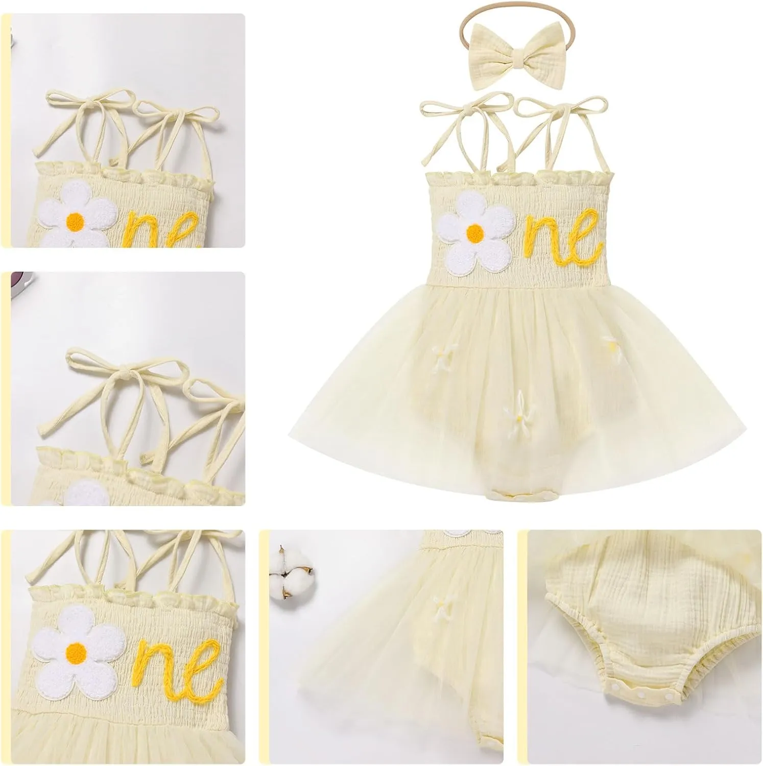 AWIBMK Baby Girls 1st Birthday Outfit Spaghetti Straps Romper Dress with Headband Sleeveless Princess Cake Smash Clothes