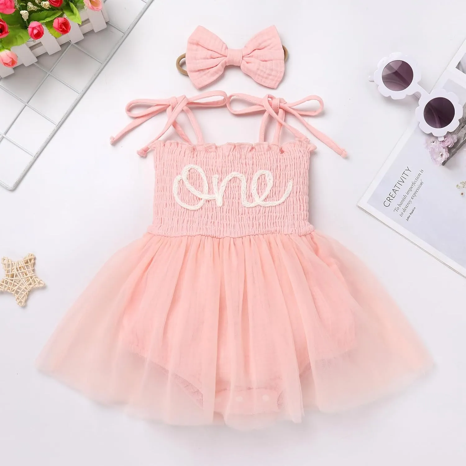 AWIBMK Baby Girls 1st Birthday Outfit Spaghetti Straps Romper Dress with Headband Sleeveless Princess Cake Smash Clothes